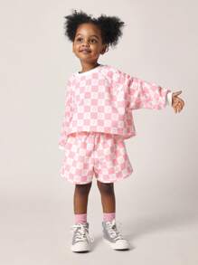 SUMWON Checkered Co-Ord Set Sweatshirt Shorts Outfit Spring Summer Casual Matching Set Wear Urban Streetwear Athletic Kids Play Activewear - Pink - View 1