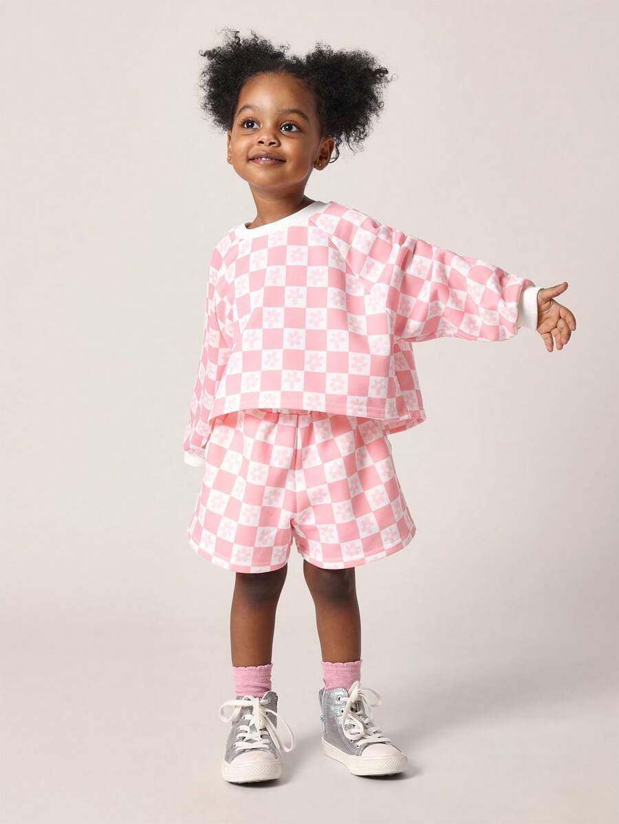 SUMWON Checkered Co-Ord Set Sweatshirt Shorts Outfit Spring Summer Casual Matching Set Wear Urban Streetwear Athletic Kids Play Activewear - Pink - View 1