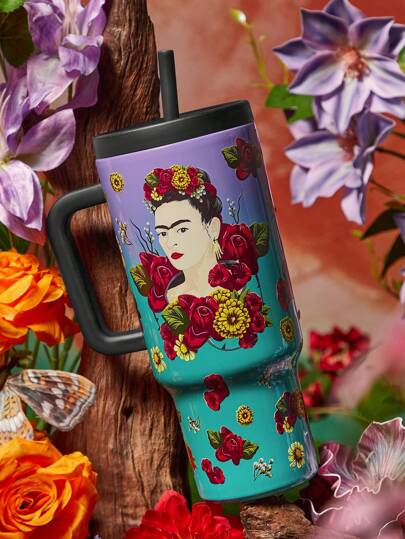 Frida Kahlo X SHEIN 花卉与人物图案渐变色汽车杯 40 盎司 礼品
