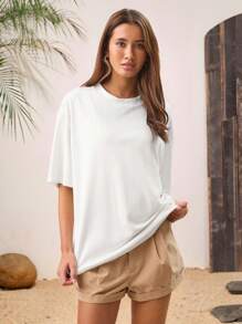 Manfinity VCAY Unisex Casual Jacquard Knit High-Stretch Loose Drop Shoulder Round Neck Short Sleeve Plain T-Shirt, Suitable For Everyday Wear