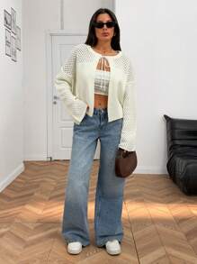 EURMUSE Summer & Autumn Vacation Style Cropped Sweater, Flared Long Sleeve Hollow-Out Knit Cardigan, Mesh Street Short Jacket - White - View 3