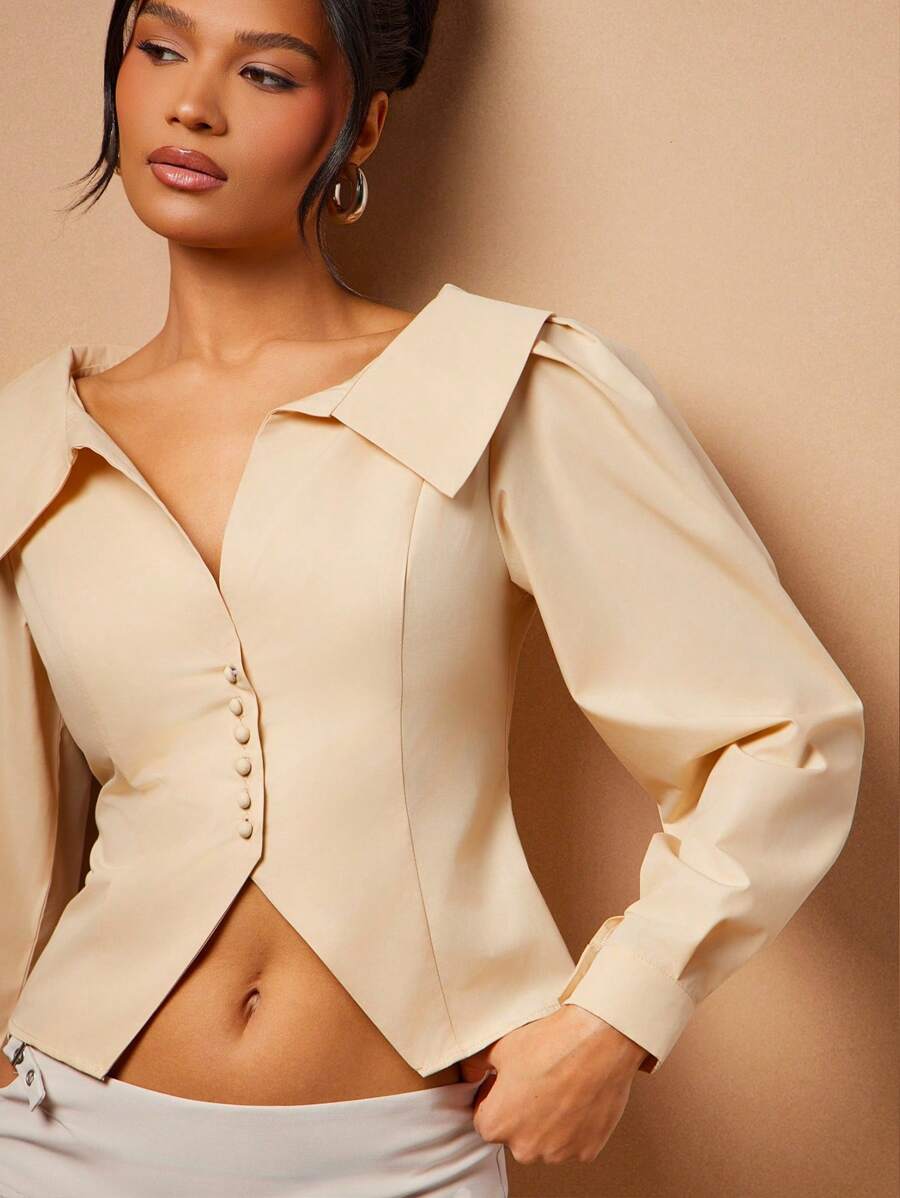 Hauture 夏季女士精致米色纯色泡泡长袖单排扣修身衬衫，开衩下摆，秋季，女士上衣，女士衬衫，优雅女士衬衫，夏季上衣，长袖上衣，短款上衣，办公室女性，老款，商务休闲女士。