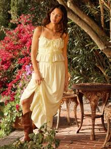 WESTFADE 高腰蝴蝶结前分层荷叶边直筒长裙，适合春夏海滩度假 - 白色 - 查看 6