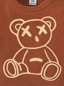 Ensemble de 2 pièces pour bébé garçon, T-shirt à imprimé ours mignon et short blocs de couleurs en tissu nid d'abeille, style casual, matériau doux et confortable, convient pour les vacances, les voyages, l'école, les rassemblements quotidiens, les sports, le printemps/été