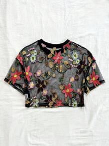 Soleia Plus Size Women's Summer Black Mesh Colorful Floral Embroidered Sheer Spring T-Shirt Top For Vacation - Multicolor - View 2