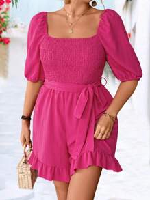 SHEIN Clasi Plus Size Boho Fashionable Casual Cinched Waist Solid Color Romper, For Spring/Summer - Red - View 1