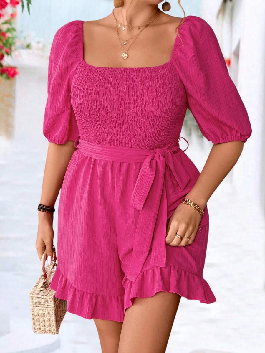 SHEIN Clasi Plus Size Boho Fashionable Casual Cinched Waist Solid Color Romper, For Spring/Summer - Red - View 1