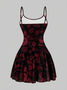 SHEIN SXY 女士休闲骷髅与玫瑰图案 A 字型迷你连衣裙，适合夏季 - 彩色 - 查看 2