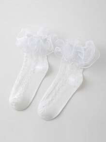 ROMWE Kawaii Women Solid Color Lace Trim Cute Mid-Calf Socks - White - View 3
