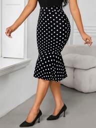 SHEIN Lady Falda de sirena con estampado de lunares negros para mujer, elegante para fiestas y casual para uso diario, apta para las cuatro estaciones, falda para la oficina