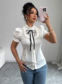Rafferiza Ruffle Elastic Cuff Bowknot Blouse