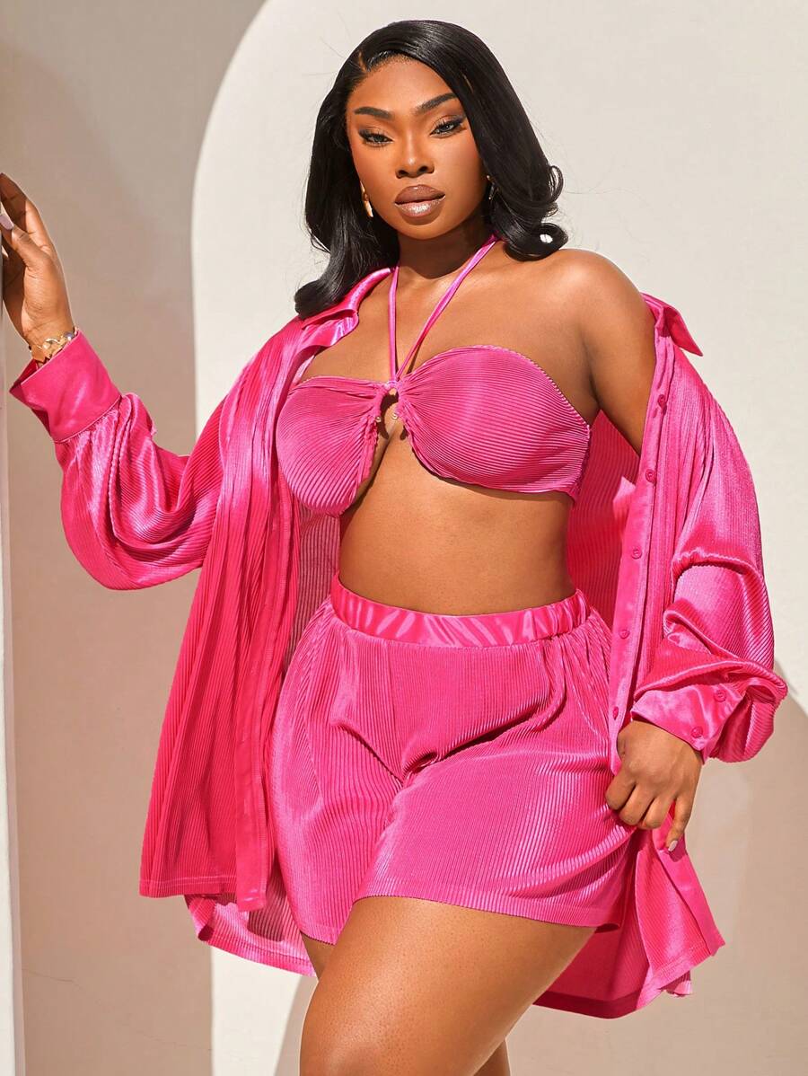 SHEIN SXY Plus Size Women's Hot Pink Summer Beach Vacation Holiday Toothpick Pleated 3-Piece Set,Halter Neck Strap Top,Shorts & Long-Sleeved Shirt Outfit - Baby Pink - View 1