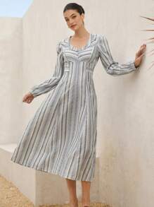GENKIRA Light Grey,Autumn,Ellegant,Tea Party Vintage French Countryside Ruffle U-Neck Puff Sleeve Tie Waist Slim Butterfly Decor Striped A-Line Midi Dress - Multicolor - View 4