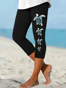 EMERY ROSE Plus Size Women Cartoon Turtle Print Casual Versatile Capri Pants - Black - View 1