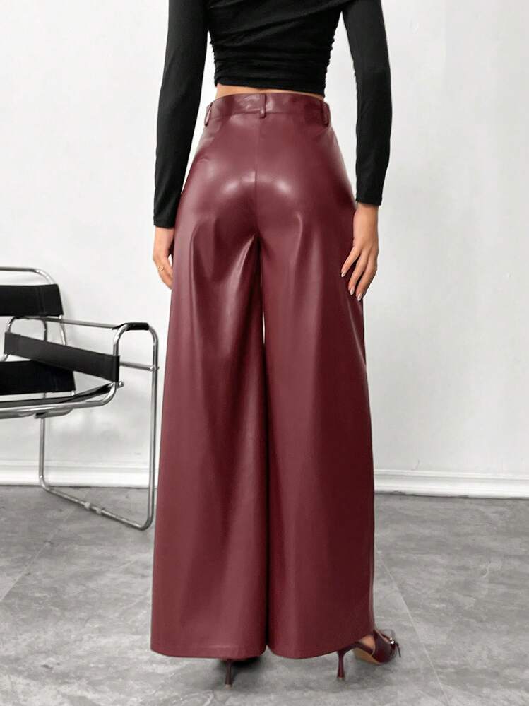 SHEIN Essnce 女士红色皮革女裤纯色前扣简约休闲裤，日常穿着 - 酒紅色 - 查看 2