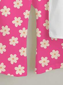 SHEIN Leap Crew Cute Floral Print, Pink Flowers, "Daddy's Girl" Graphic, Baby Girl Casual Minimalist Short Sleeve Round Neck & Pants 2 Pieces Set, Suitable For Spring/Summer - Multicolor - View 6