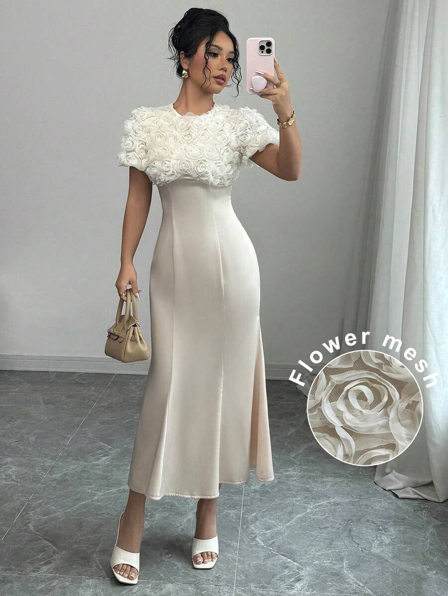 Elenzga Elegantes Satin Kleid in Champagnerfarbe mit Rundhalsausschnitt, 3D Blumen-Ausschnitten, kurzen Ärmeln, taillierter Passform und Fischschwanzsaum