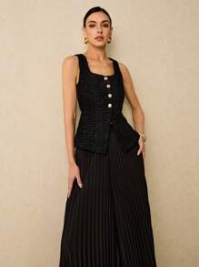 Poéselle Conjunto elegante de 2 piezas para mujer, compuesto por un chaleco de cuello cuadrado de una sola hilera y una falda midi plisada