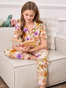2pcs Tween Girl Elegant Casual Flower Print Short Sleeve Top And Long Pants Sleepwear Sets