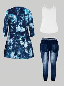 SHEIN Plus Tie Dye Open Front Coat & Cami Top & Jeans Fall Cloth For Women - Multicolor - View 2