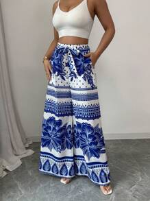 Elenzga Nouveaux pantalons larges à imprimé bleu sur base blanche pour femme, idéal pour les vacances, printemps/été
