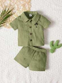 SHEIN 2pcs Newborn Baby Boy/Girl Casual Vacation Shirt And Shorts Set