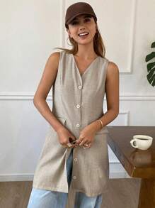 DAZY Đầm ôm sát cơ thể không tay cổ chữ V màu trơn đơn giản dành cho nữ, Đầm suông mùa hè - Màu Khaki - Xem 6