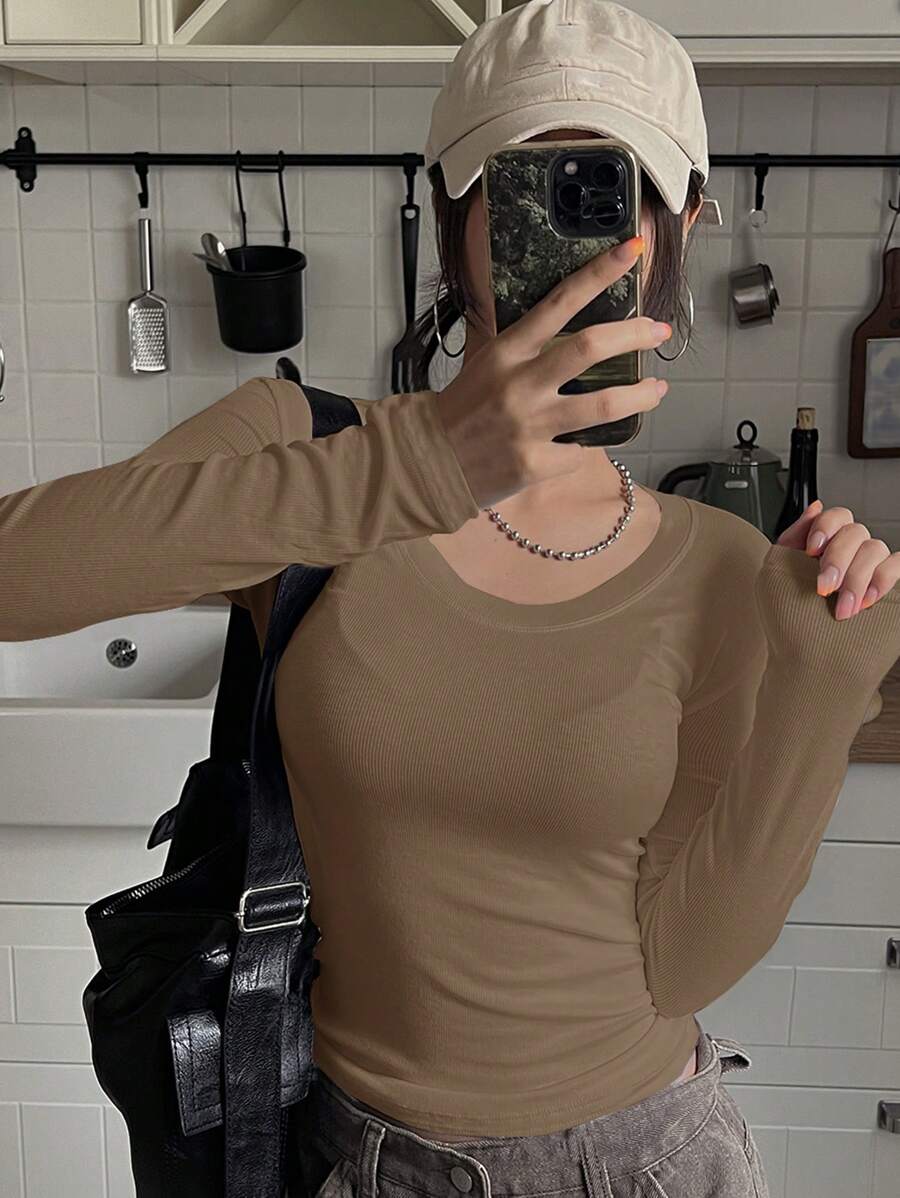 DAZY Áo thun dệt kim gân trơn, Quần áo nữ mùa thu - Màu Khaki - Xem 1