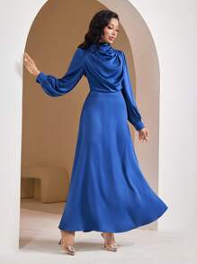 Veilorie Women's Simple Stand Collar Long Sleeve Casual Long Arab Dress - Blue - View 1