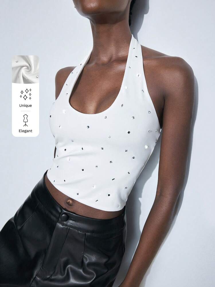 SHEIN Maija Women's White U-Neck Crystal-Embellished Sleeveless Camisole Top, Versatile Fitted Sexy Elegant Urban Wear For Business Casual, Office, Party, And Social Occasions Halloween Halloween Clothes  Going Out Tops Women Going Out Tops Going Out Outfits Going Out Tops For Going Out