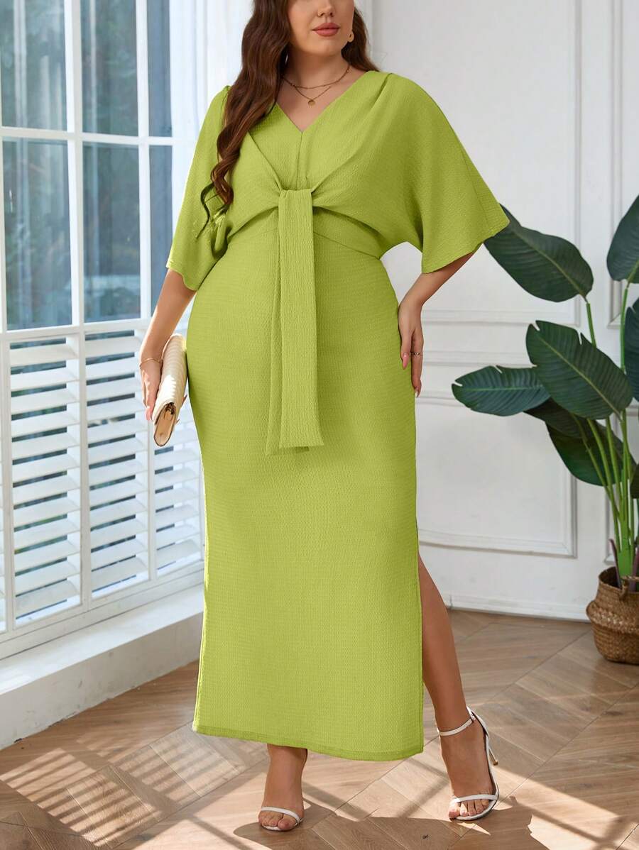 SHEIN Privé Plus Size Women's Comfortable Casual Elegant Daily Vacation Beach Outgoing Tie-Front Ruched Split Textured Fabric Dress, Spring/Summer - Green - View 1