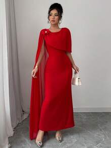 Rafferiza Váy dạ hội dự tiệc không tay bằng vải voan mỏng họa tiết hoa 3D thanh lịch, Xuân/Hè - Đỏ - Xem 3