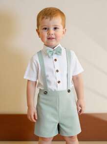 Souflis Souflis 男婴休闲纯色短袖衬衫配领结和拼色背带短裤套装，适合夏季 - 彩色 - 查看 7