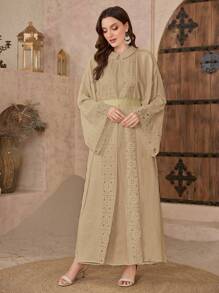 Al Najma Women's Embroidered Patchwork Turkish & Arabian Style Maxi Robe Dress Kaftan Jalabiya Dress - Khaki - View 5