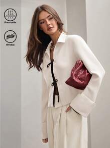 COSMINA Women's Casual Color Block Knot Front Long Sleeve Loose Blouse, Autumn - Cream - View 10
