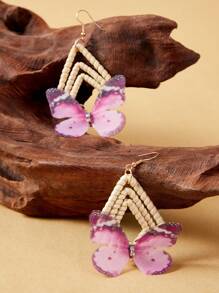 SHEIN VCAY 手工编织藤条3D逼真蝴蝶流苏耳环，清新甜美 - 彩色 - 查看 4