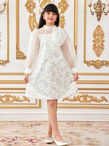 SHEIN Abito elegante da ragazza pre-adolescente con maniche a sbuffo, decorato con paillettes, ricami floreali 3D in organza e colletto decorato con fiocco, abito lungo da cerimonia con maniche lunghe - Bianco - Visualizzare 7