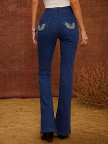 WESTFADE 高腰亮片西部刺绣翼形后袋修身喇叭牛仔裤 - 中等水洗藍 - 查看 3