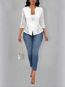 SHEIN Unity Women's Minimalist Front Button Lace Patchwork Casual Blazer - White - View 3
