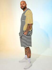 EASEVO 大码男士休闲条纹黑白针织短裤 - 黑與白 - 查看 5