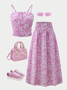 SHEIN Explorewe 2pcs/Set Teen Girls Floral Print Ruffle Camisole And Mini Skirt Casual Outfit, Spring Clothes - Multicolor - View 1