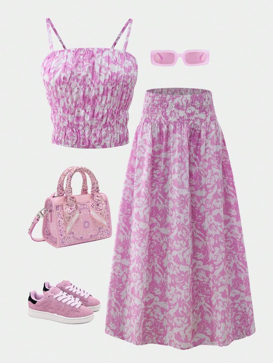 SHEIN Explorewe 2pcs/Set Teen Girls Floral Print Ruffle Camisole And Mini Skirt Casual Outfit, Spring Clothes - Multicolor - View 1