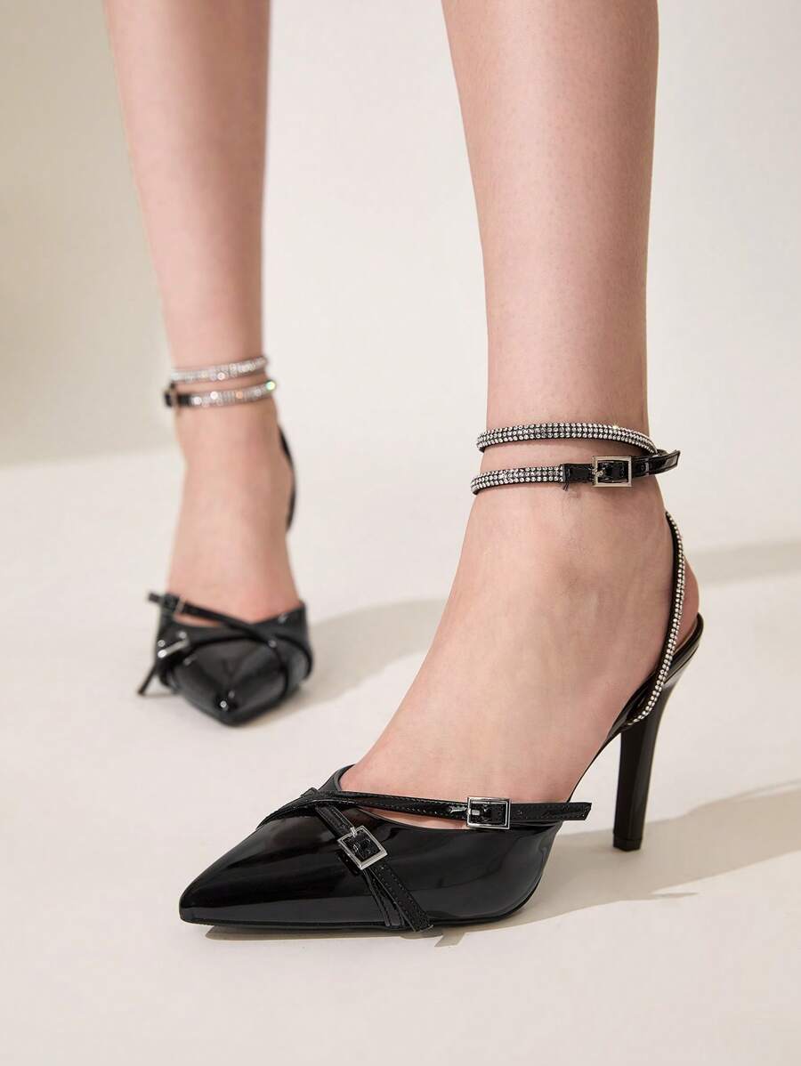 CUCCOO CHICEST Women's Pointed Toe High Heel Sandals, Strap Crossing Buckle Ankle Strap Crystal Decorated Stilettos, Elegant & Sexy Luxury Shiny Black Patent Leather Party/Wedding/Office Pumps Spring Shoes Spring Break Easter Prom Heels - Black - View 1