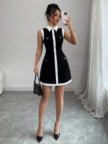 Elenzga Nuevo vestido mini elegante y ajustado con decoración de botones en el cuello para mujeres, apto para primavera/verano