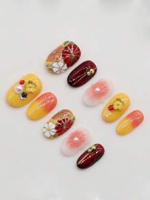 ROMWE Kawaii 10pcs Flower Pearl Handmade Artificial Nails + 3 Sheets Double-Sided Adhesive, Removable Line Drawing Manicure Stickers, High Quality Rhinestone & Glitter Gradient Nail Decorations, Suitable For Holidays, Parties, Dancing And Everyday Wear