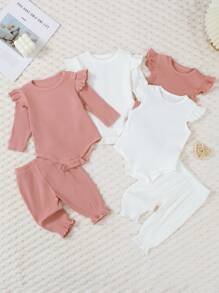 6pcs/Set Newborn Baby Girl Knitted Romper With Flutter Sleeves & Ruffled Collar Jumpsuit With Long Pants, Comfortable Pajamas - Multicolor - View 9