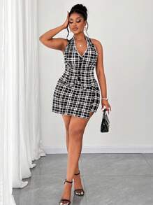 Maweii 大码女式经典黑白格纹吊带纽扣背心和迷你裙两件套