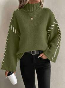 SHEIN LUNE Women's Solid Color Patchwork Turtleneck Long Sleeve Casual Sweater Knit Pullover Fall Winter - Green - View 6