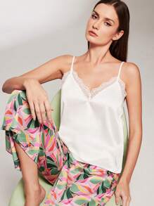 LUVLETTE Silky Satin Lace Trim V-Neck Camisole Top & Patterned Pants Loungewear Airy Pajama Set Pants With Pockets Lingerie As Outerwear Lounge Sets For Women Bridal Intimates