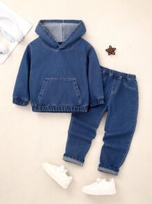 SHEIN 2pcs Set Toddler Boys Casual Denim Shirt & Loose Tapered Jeans, Relaxed Fit & Versatile Design, Suitable For Everyday Wear